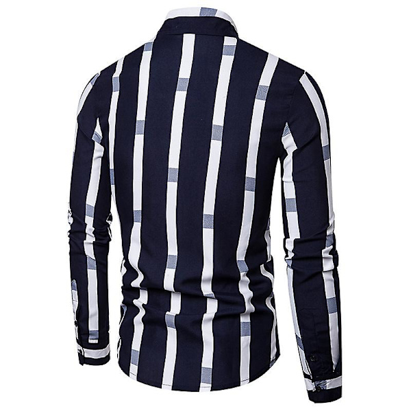 Herr Casual Långärmad Skjorta Knapp Ned Randig Lös Skjorta Navy 4XL