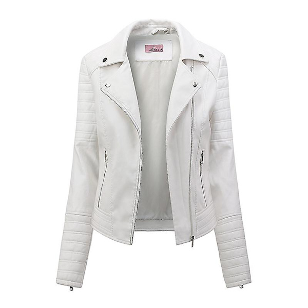 Damjacka i konstläder, hel dragkedja motorcykeljackor slim fit kappa White M