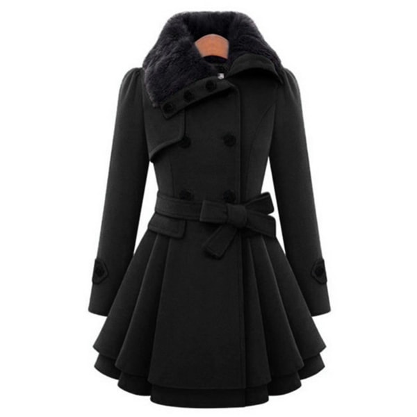 Dam dubbelknäppt vinterjacka Vintage mode trenchcoat enfärgad S Black