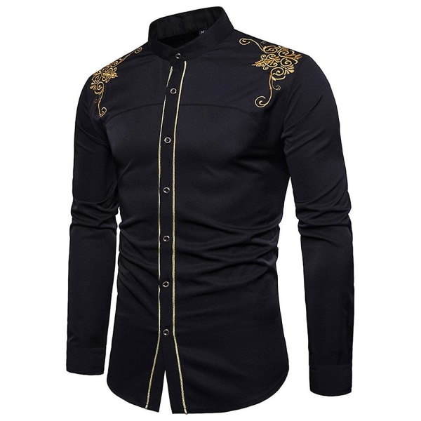 Langermet, brodert slim fit skjorte med knapper for menn, for fritid og fest Black M