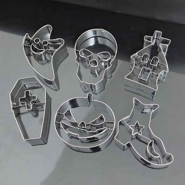 6 st/set Halloween kakform i rostfritt stål, enkel att lossa, tryck på DIY pumpa spöke skalle kexform, bakformssats, köksbakningsverktyg, mycket bra Silver