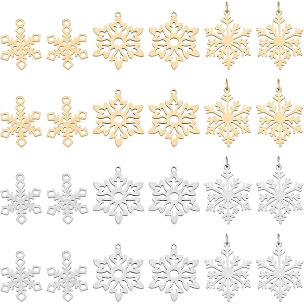 24 st 3 Stilar Gyllene och Rostfritt Stål Färg Jul Snöflinga Berlocker Vinter Snö Berlocker Julhelg Hängen för Armband Halsband Smycken Maki