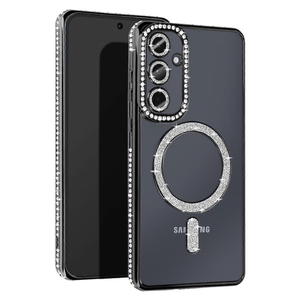 Diamant Etui til Galaxy A35 MagSafe Med Strass Kant, Sort