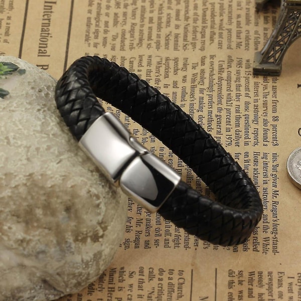 Män Punk armband Läder flätat rostfritt stål magnetiskt spänne Vintage Man Casual 20.5cm