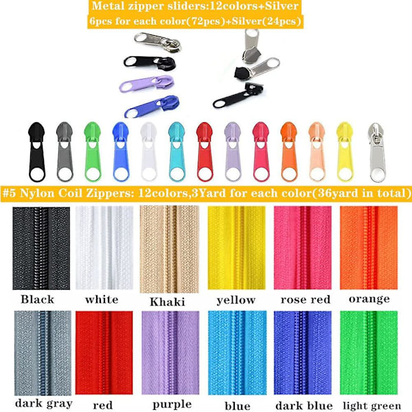 36 meter 12 st #5 dragkedjor per meter för sömnad Olika längder Nylon dragkedjor med 96 st färgglada och silverreglage för blandade tillbehör för