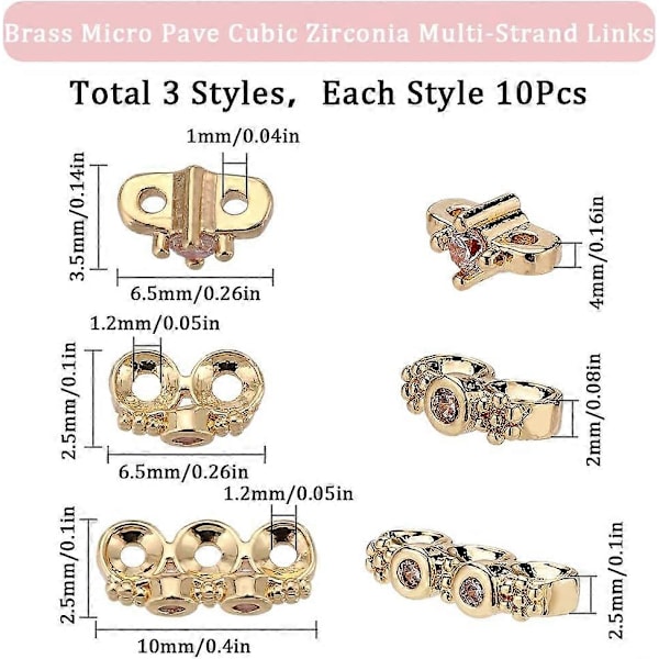 30 st 3 stilar Äkta 14K guldpläterade strass tvåhåls distanspärlor Metallblomma distanspärlor Mässing Pave Kubisk Flera Strängar Hål Länk Kopplingspärla