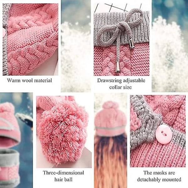Halssæt til kvinder, pink strikkede vinter pompon huer halstørklæder med maske, tykt termisk pige dame hue halsvarmer sæt til jule fødselsdagsgaver