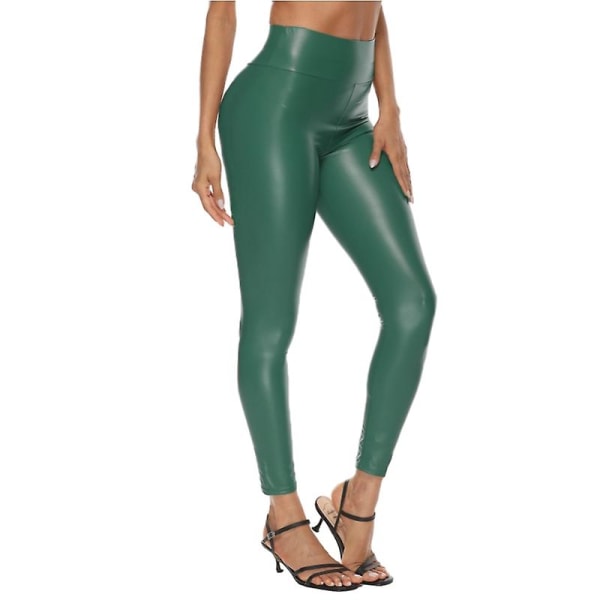 Kvinnors stretchiga leggingsbyxor, sexiga höga midje leggings i läderimitation Green M