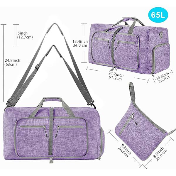 Reise-Dufflebag for menn, 65l sammenleggbar reise-duffelbag med sko-rom nattpose for menn kvinner vanntett og rivebestandig Violet
