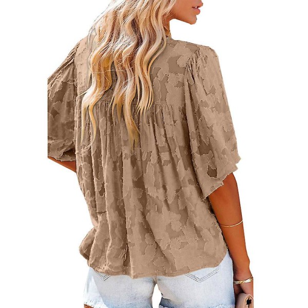 Kvinners V-hals Chiffon Trykte V-hals Avslappede Bluse Skjorte Topper Khaki 3XL