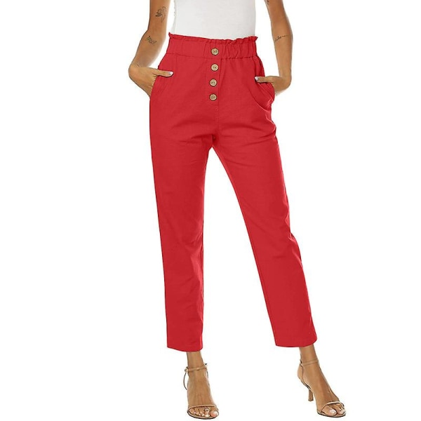 Kvinnor Volang Hög Midja Casual Byxor Elastisk Midja Byxor Red M