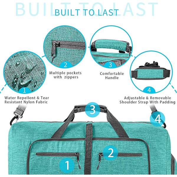 Reise-Dufflebag for menn, 65l sammenleggbar reise-duffelbag med sko-rom nattpose for menn kvinner vanntett og rivebestandig Mint Green