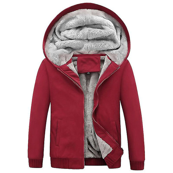 Vinter Herre Tyk Fleece Sweater Plysfor Åben Front Lynlås Cardigan Hættetrøje Ensfarvet Til Afslappet Brug Ny M Red
