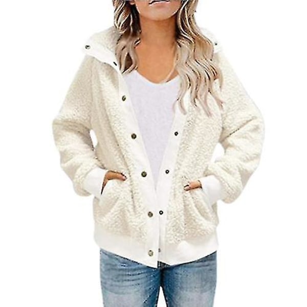 Dam vinter långärmad jacka kappa fickor varm fleece White XL