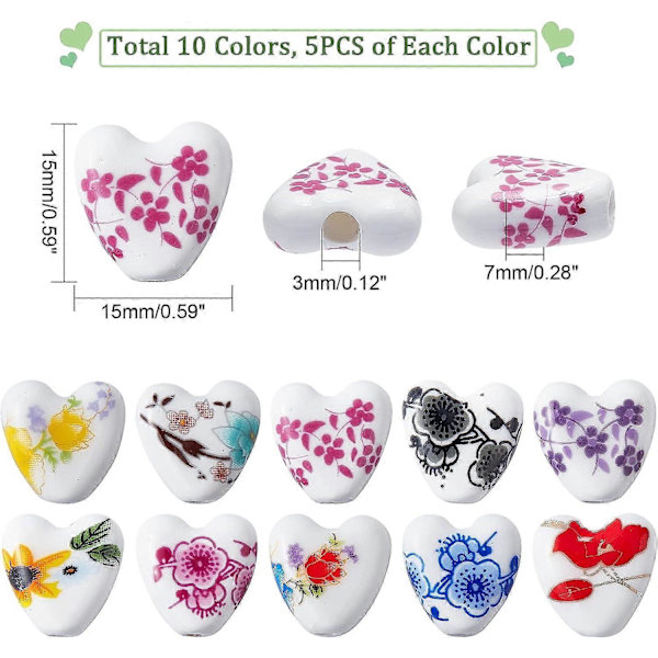 50 stk. 10 farver håndlavede porcelænsperler 15x15 mm blomsterprintede porcelæns keramiske perler hjerte keramiske perler