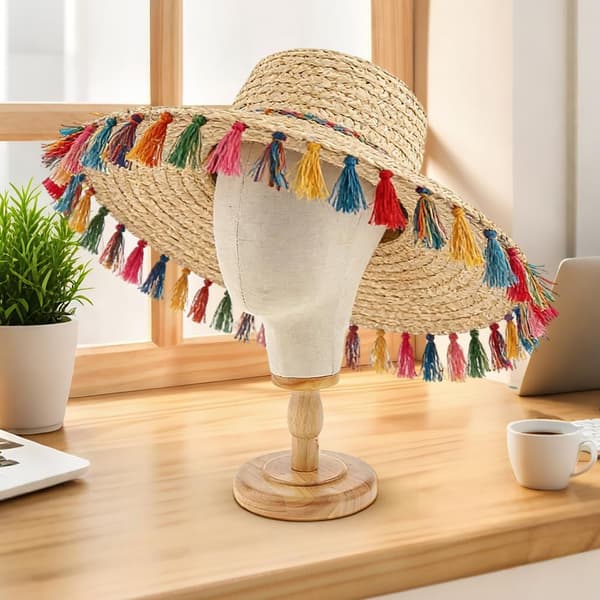 Stiv parykkhode 53 cm utstillingshode i tre for hatter og luer, utstillingshode med styre, dekorativt hode for presentasjon