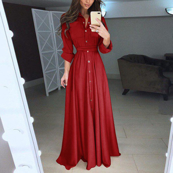Kvinnors enkla casual tight-waist skjorta klänning mjuk bekväm mångsidig klänning för utomhusresor Red 4XL