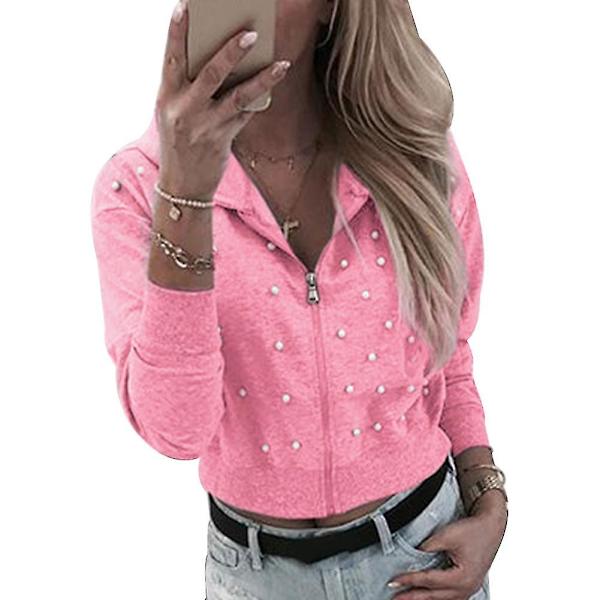 Kvinnor Hooded Jackor Pärlbroderade Dragkedjor Jackor Kvinnliga Långärmade Casual Toppar Nya XL C