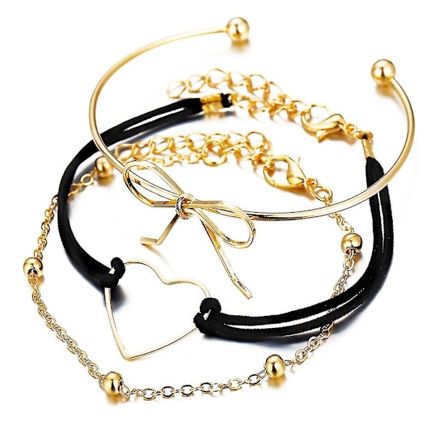 3 stk./sæt Kvinder Udhulet Hjerte Sløjfe Perler Armbånd Justerbar Multilayer Metal Armring