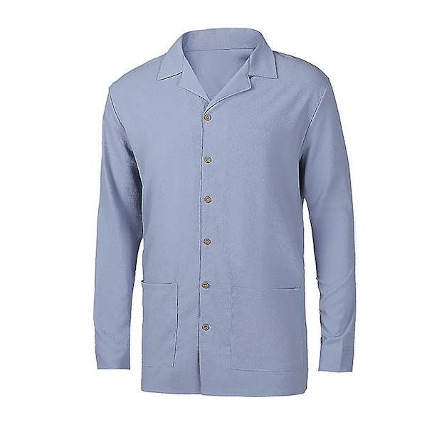 Herre fritidsskjorte langermet lapell krage strandskjorte topp Blue 2XL