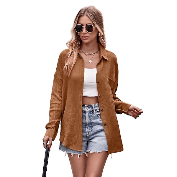 Dam Casual Långärmad Skjortor, Lös Passform Krage Skjorta Toppar Brown XL