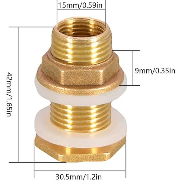 2 st vattengenomföringar 4,2 cm 1/2\" mässing vattenkontakt för kran / tunnkran / regnvattentankar