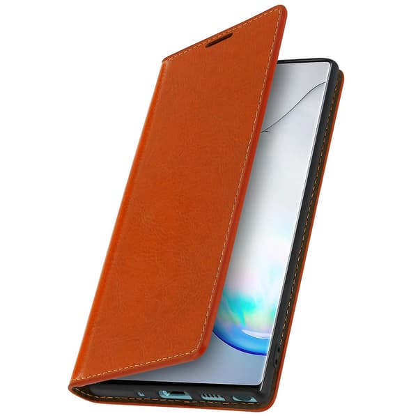 Folio Ekte Lær Galaxy Note 10 Plus Deksel Kortholder Videostativ Rød Light Brown