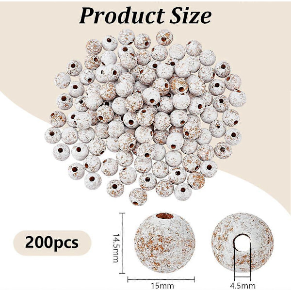 200 kpl Valkoisia puisia makrameehelmiä 15 mm Vintage-puu Suuria reikiä Eurooppalaiset helmet 4,5 mm reiällä Puiset pyöreät välihelmet kaulakorulle rannekorulle Je