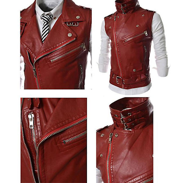 Herre Motorsykkelvest i Skinn, Svarte MC-vester i Imitert Skinn Red XS