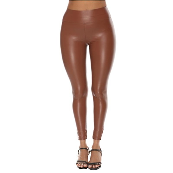Dame Stretchy Leggings Bukser, Sexede Højtaljede Bukser i Kunstlæder Brown L