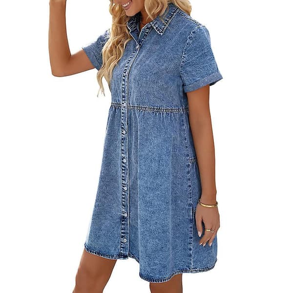 Korte denimkjoler for kvinner med knapper og korte ermer Blue M