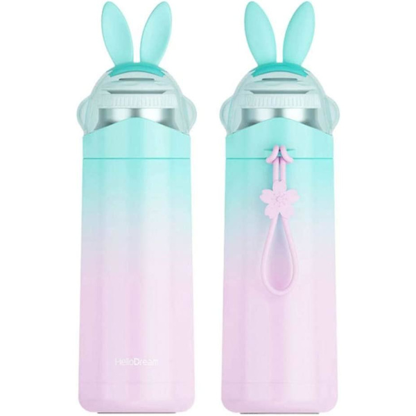 350ml söt termosmugg i rostfritt stål, läckagesäker isolerad vattenflaska för barn, bärbar kaninresmugg (cyan)
