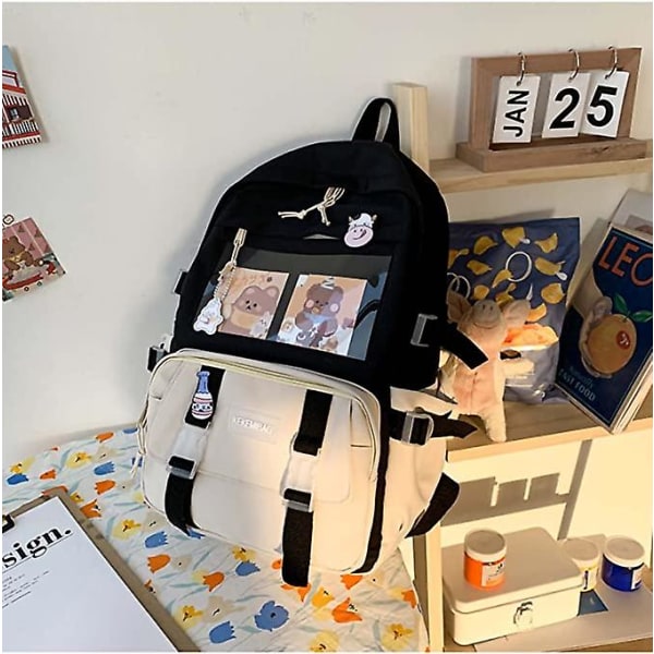 Kawaii Ryggsäck Estetiska Skolväska 17in Söt Bokväska Med Badge & Sött Hänge, Stor Kapacitet Kawaii Ryggsäckar För Skolan Black