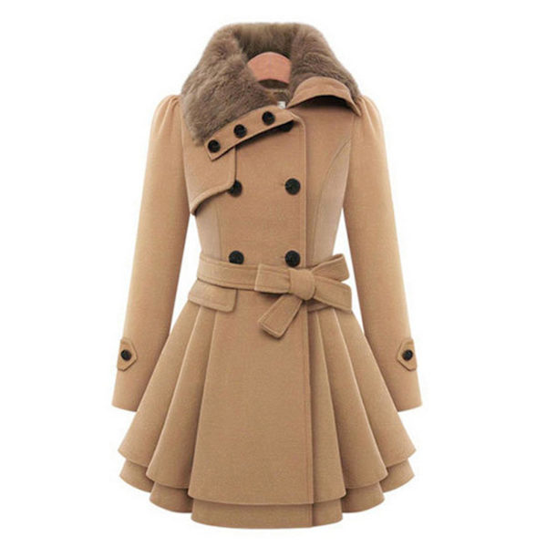 Dame Dobbeltradet Vinterjakke Vintage Mode Trenchcoat Ensfarvet L Camel