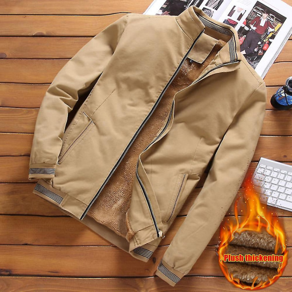 Herre Tyk Fleeceforet Vinterjakke Ståkrave Lynlås Lukning Kort Frakke 4XL Khaki