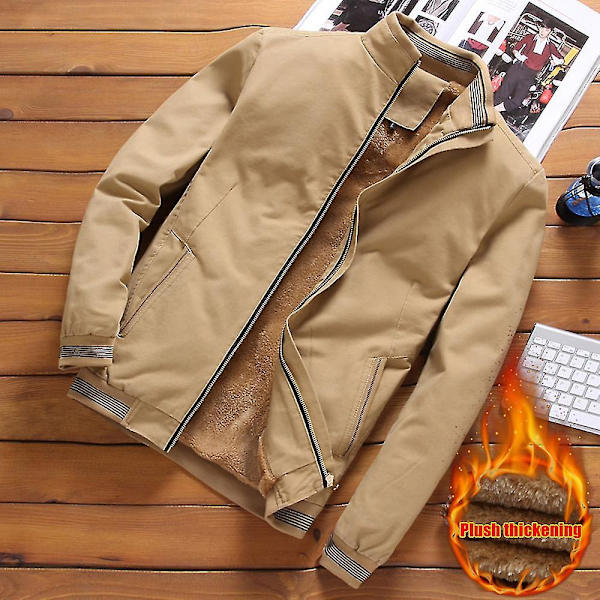 Miesten paksu fleecevuorattu talvitakki pystykauluksella ja vetoketjulla, lyhyt malli 4XL Khaki