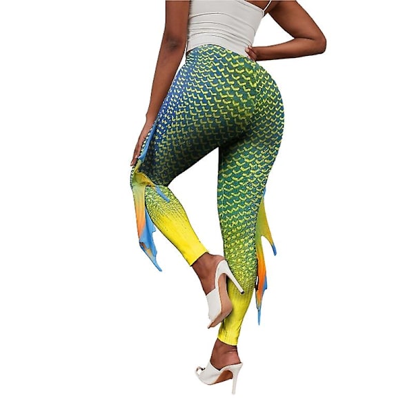 Kvinnors sjöjungfru fiskfjäll leggings magkontroll yogabyxor Green M