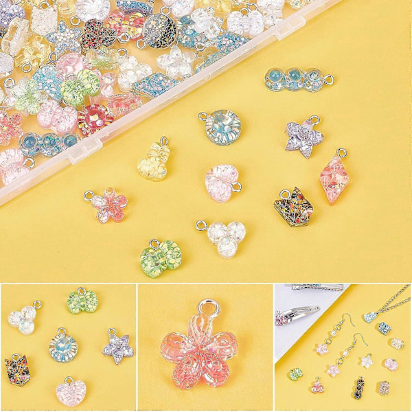 100 stk. Blomster Charms Hjerte Stjerne Vedhæng Sommerfugl Charms 10 Stilarter Farverige Epoxy Resin Charms Søde Charms Sequin Vedhæng Chunk Charms til DIY Nøglering