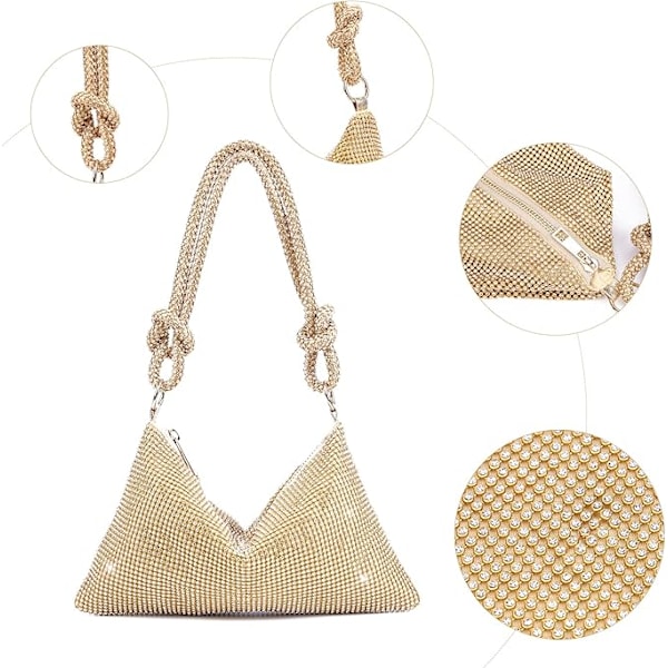 Crossbodyveske med strass for kvinner, sølv, konvoluttveske, aftenveske, håndveske, glitrende strass, diamantkonvoluttveske for fest, brud, nattveske gull
