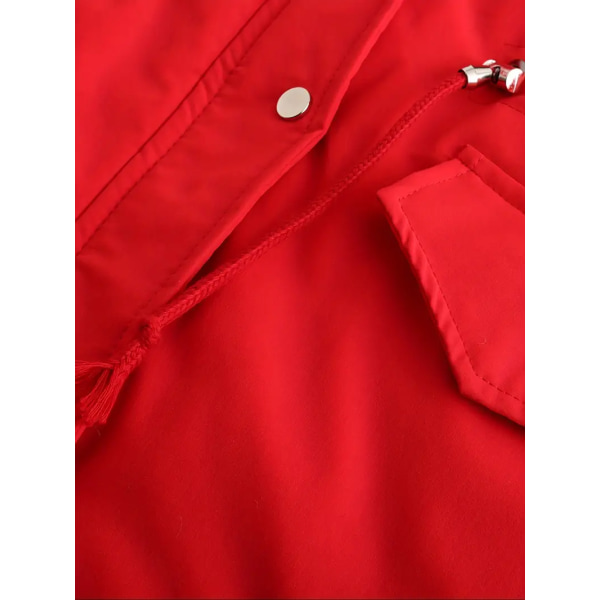 Varm hettejakke med fluffy kant, avslappet langermet vinterjakke med snøring, dameklær Red 4XL