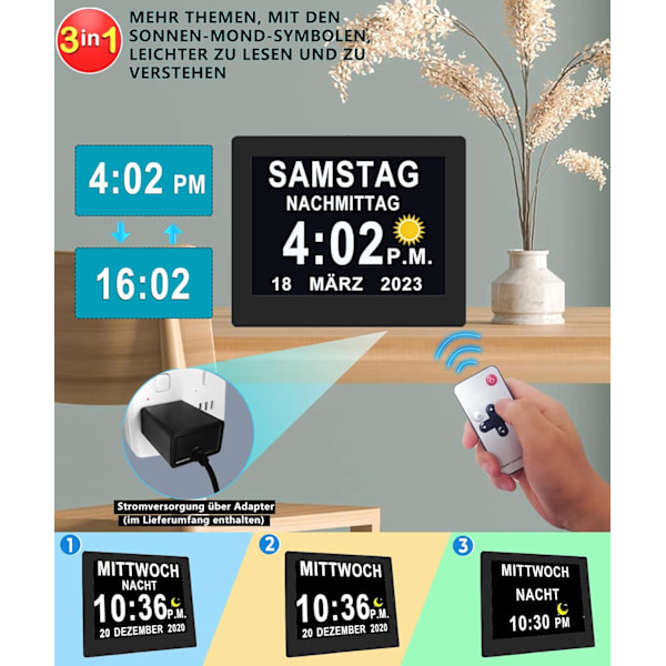 Elektronisk Dag Datum Kalenderklocka, Icke-förkortad Dag Datum, Stor Klocka för Seniorer med Demens, Alzheimers Sjukdom, med Fjärrkontroll svart