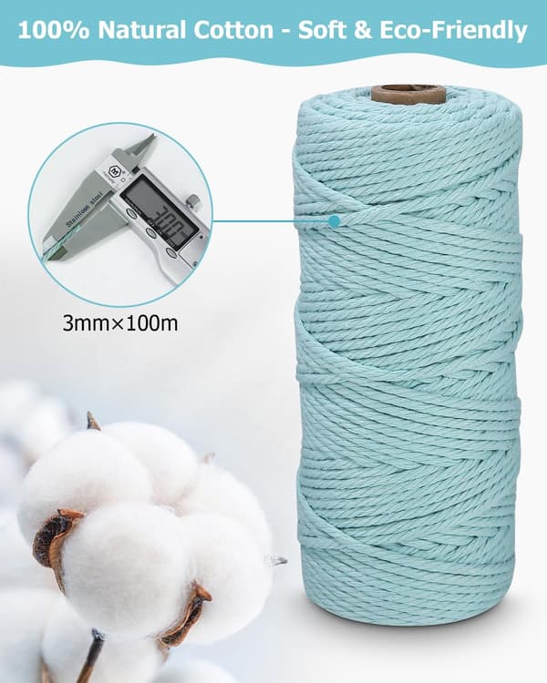 Premium Makramegarnsett, 3 Stykker Bomullsgarn, Bomullssnor Natur 3mmx 100m, Makramesnor for DIY, Drømmefangerdekorasjon Veving, Makrame Ro