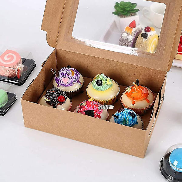 10-pak Cupcake Æsker Med Vindue Og Indsatser Holder 6 Standard Cupcakes, kageæsker