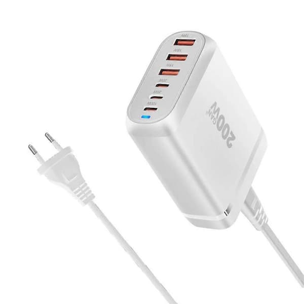 200W 6-port GaN USB PD-oplader: 2 USB-A + 4 USB-C hurtigopladning til iPhone, Huawei, Samsung, Macbook White