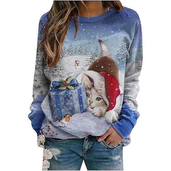 Kvinnors långärmade jultoppar, lösa bekväma O-hals pullovertoppar style 2 4XL