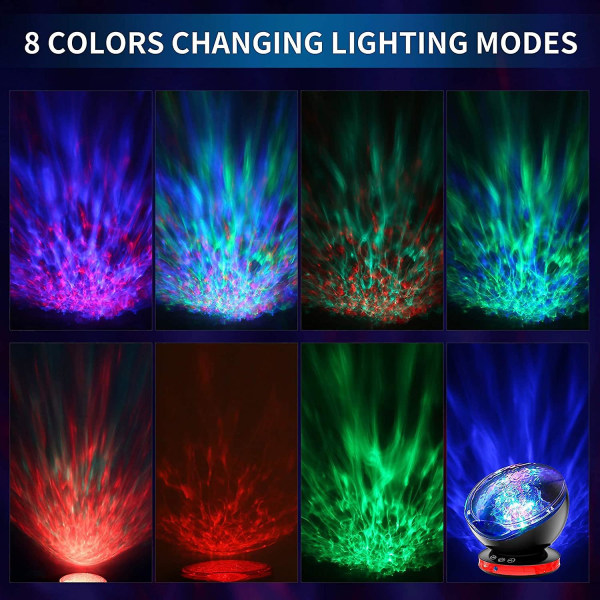 LED Projektorlampe, Ocean Waves Projektor med Fjernbetjening, Timer, 8 Farvetilstande, 6 Musiklyde, Sort