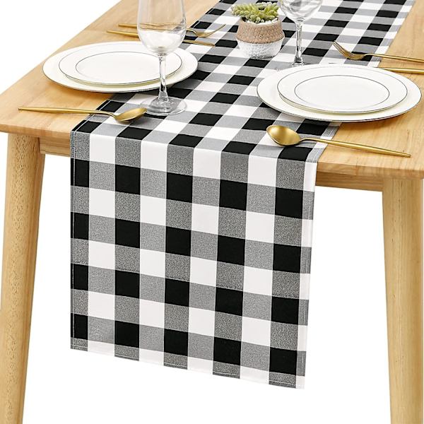 Homes Bordløper For 8-seters Spisestue - Rustikk Landstil Dekor Miljøvennlig Bomull, Dekorativ Homespun Rutete Klut For Fest, Restaurant & Utendørs black 33x275cm