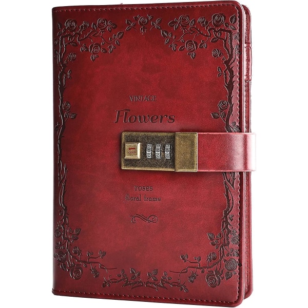 Blomma läderjournal med lås Skrivdagbok Kombination av anteckningsbok Lösenord reglerat påfyllningsbart papper 200 X 140 mm (röd)