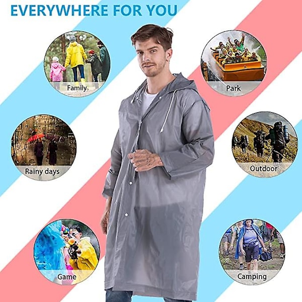 Ponchot aikuisille, uudelleenkäytettävät - Hupulliset sadetakit miehille, selviytymiseen, kestävä, armeijatason, vedenpitävä sadetakki Grey