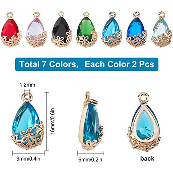 1 Eske 14 stk. 7 Farger Dråpeformet med Blomsteranheng Transparent Glass Krystallanheng Vanndråpe Rhinestone Anheng Smykkefunn for Nybegynnere Kvinner